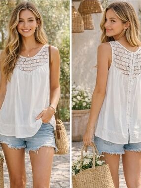 Old Navy Sleeveless Button Back Top M White Lace Cottagecore Soft Girl Boho Tank